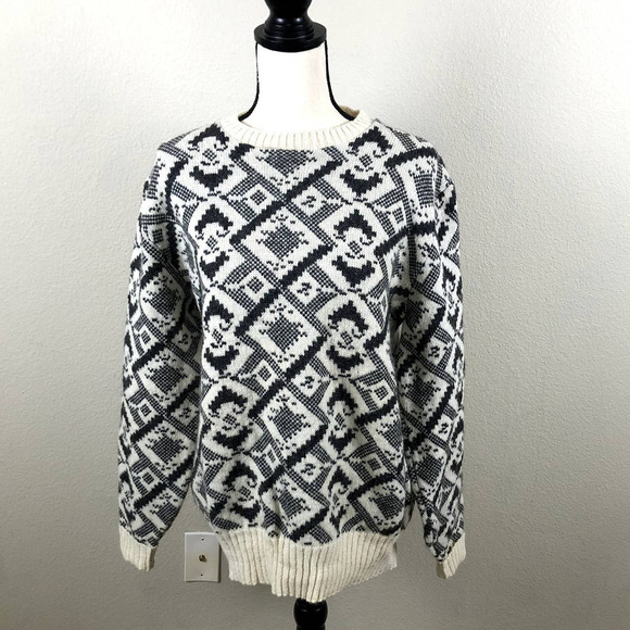𝅺vintage Puritan Sweater Cream Gray Print Shetland Wool Blend Knit Size Large - Picture 11 of 11